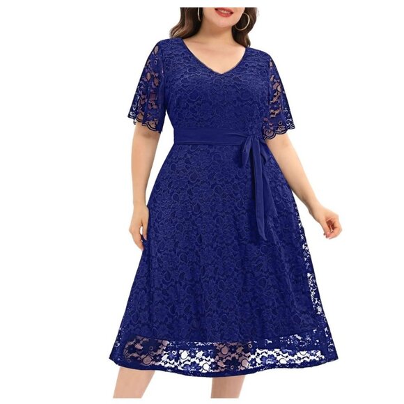 Blue Lace V-Neck Midi Dress w/Tie Size 26W 4X Wedding Cocktail Party Plus Size - Picture 1 of 10